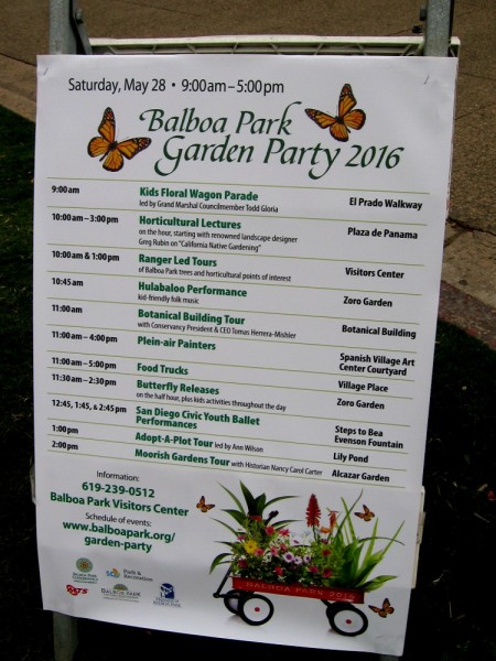 Sign details happenings during the Garden Party. There was a Floral Wagon Parade, lectures, ranger led tours, folk music, painters, butterfly releases and more!