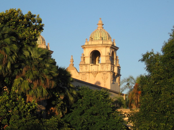 Tower of Casa del Prado in San Diego sunshine, shortly before sunset.